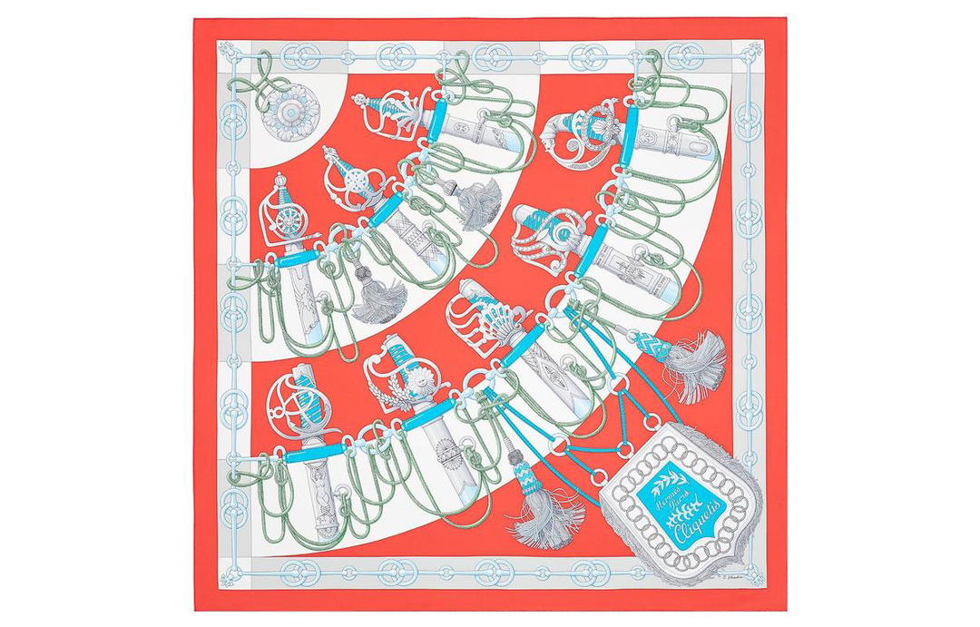 Hermes Hermes Silk Scarves Women's Garnet Red/Gray/Turquoise Blue