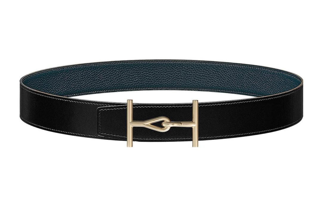 Hermes Hermes Fashion Jumbo Gold Buckle Togo Calfskin Double-Sided Leather Belt Men's Black/Prussian Blue Width: 3.8cm