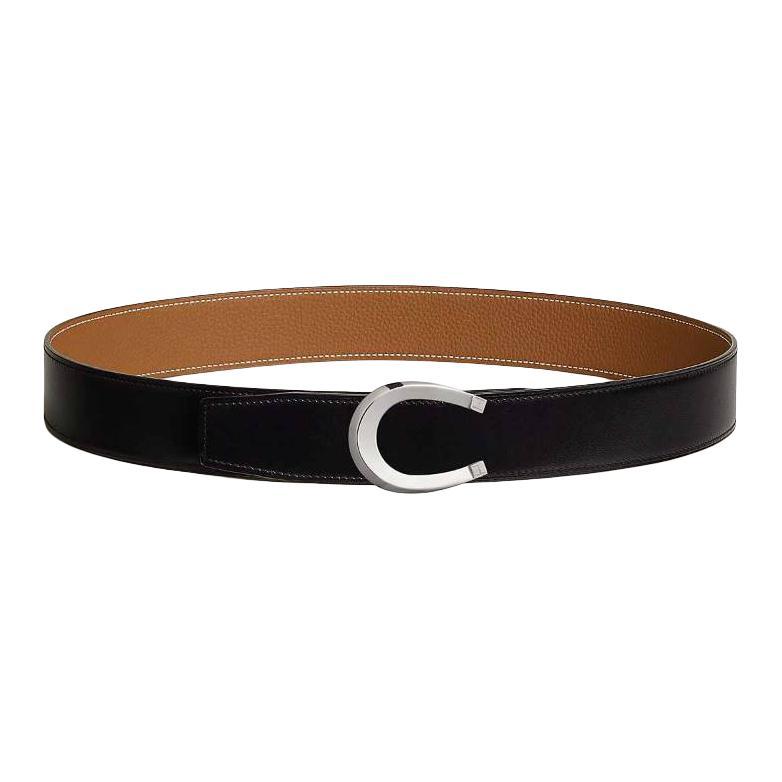 Hermes Hermes Calfskin Leather Belts Unisex Black/Brown Width 3.8cm