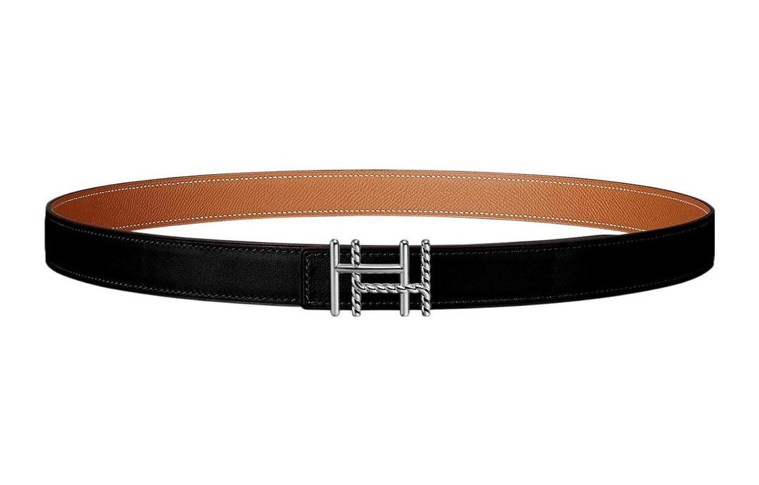 Hermes Hermes Woven Double H-Shaped Silver Buckle Epsom Calfskin Double-Sided Belt Women's Black/Brown Width: 2.4cm