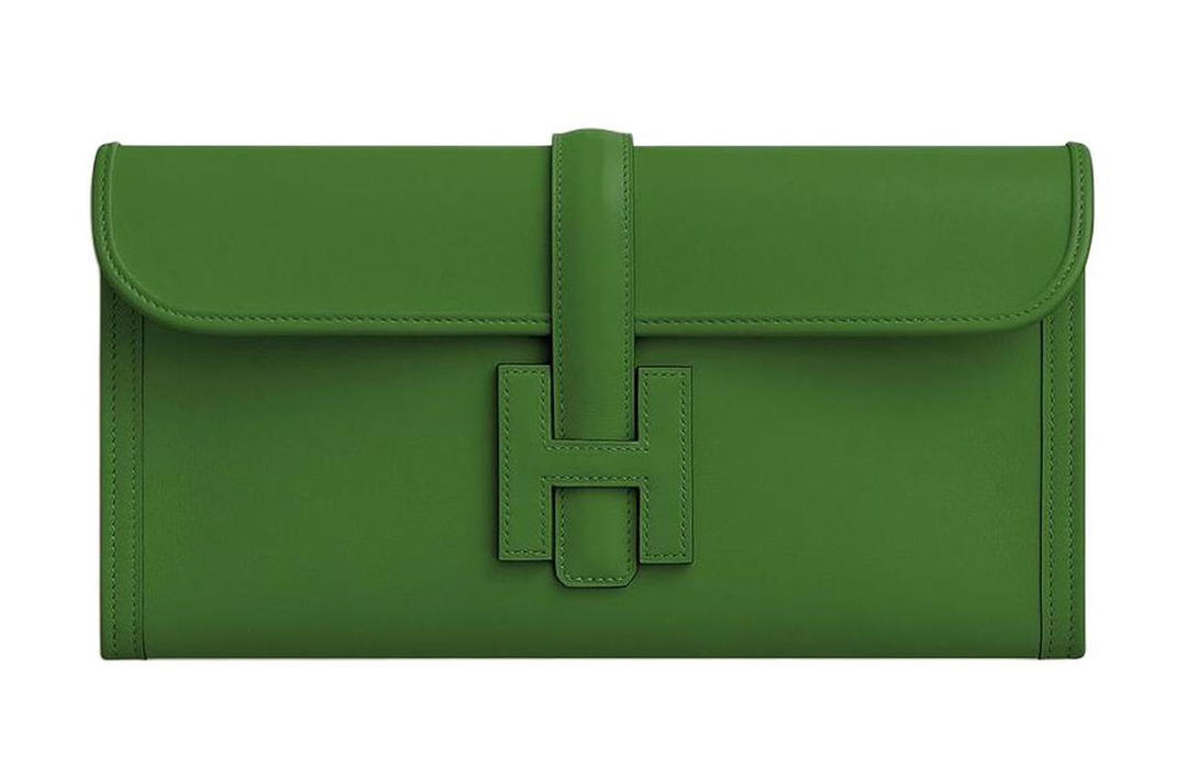 Hermes Hermes Jige Elan Swift Calfskin Clutch Women's A8 Yuka Ribbon Green