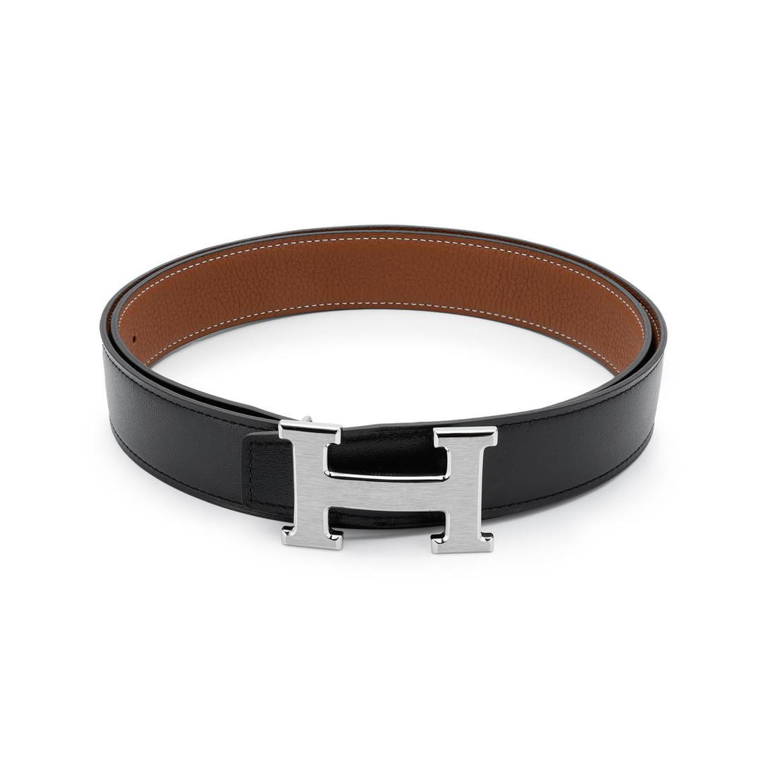 Hermes Hermes Classic Medium Gray Buckle Togo Calfskin Double Sided Leather Belt Men's Black/Gold Width 3.2cm