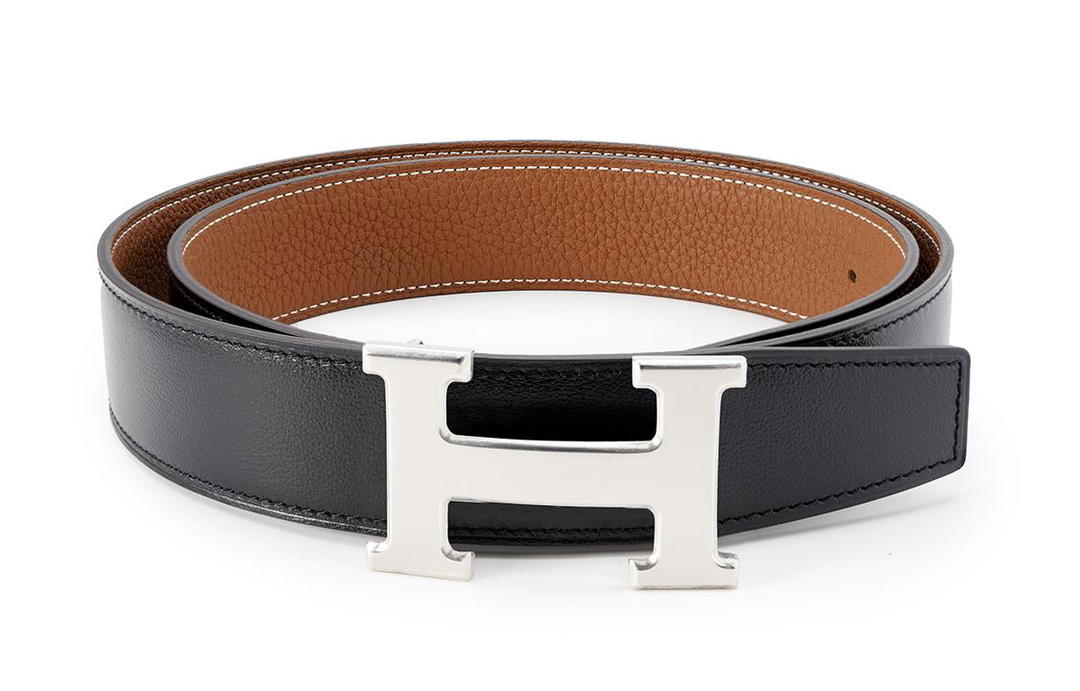 Hermes Hermes Cow Leather Belt Men's Black/Gold Width  3.2cm