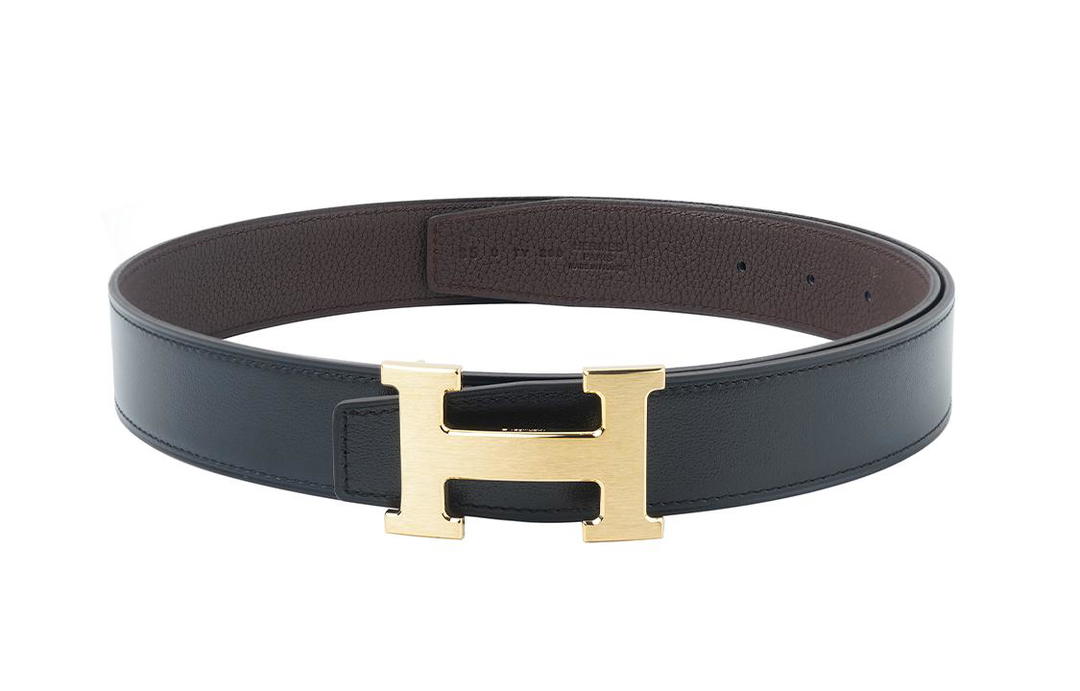 Hermes Hermes Togo Calfskin Double Sided Leather Belts Unisex Black/Chocolate Width 3.2cm