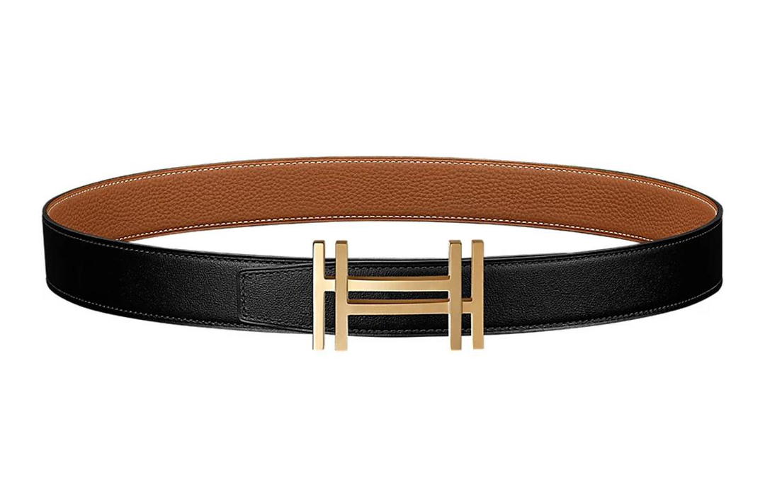 Hermes Hermes Togo Calfskin Double Sided Leather Belt Men's Black/Gold 3.2cm