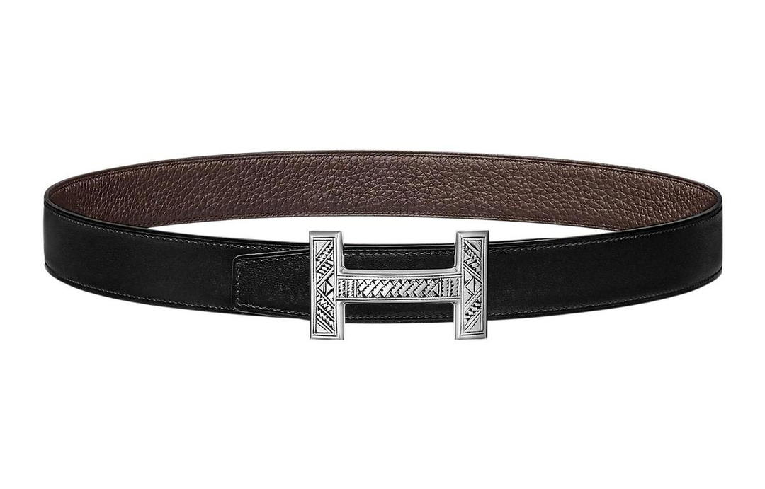 Hermes Hermes Letter Silver Buckle Togo Calfskin Double-Sided Leather Belt Men's Black Width: 3.2cm