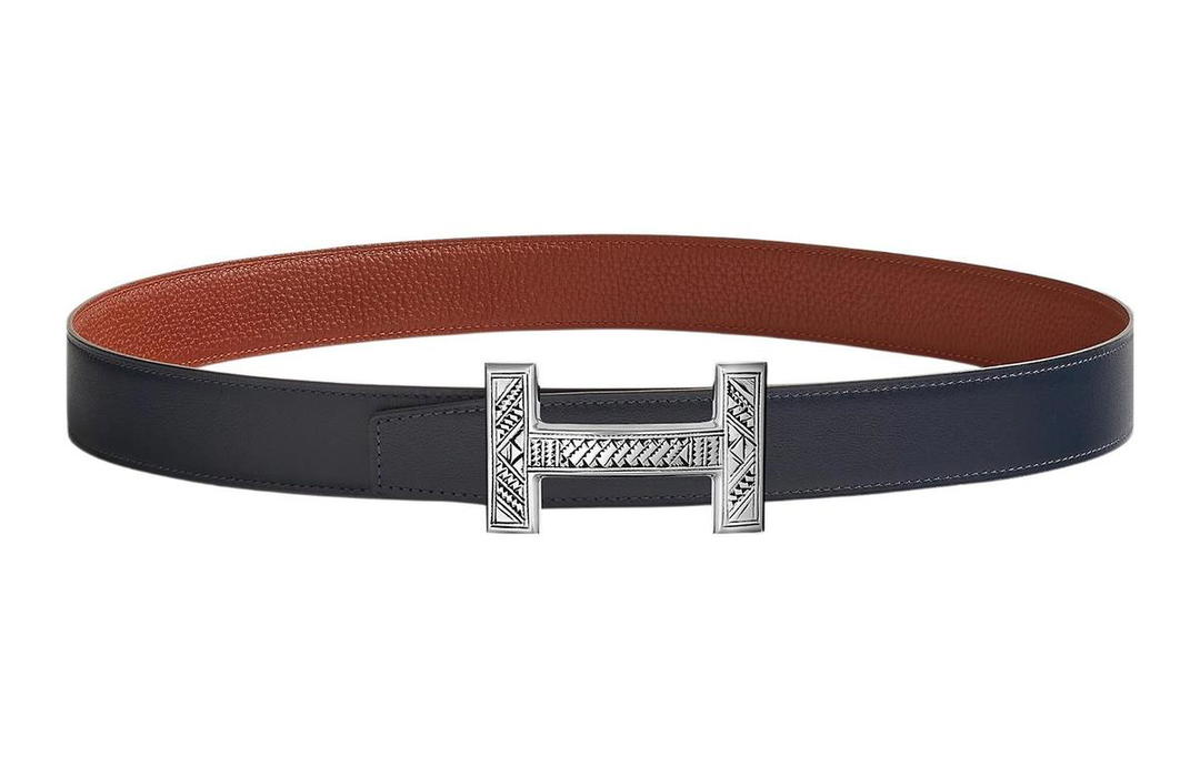 Hermes Hermes Letter Etched Trendy Silver Buckle Togo Calfskin Double-Sided Leather Belt Men's Dark Blue Width: 3.2cm