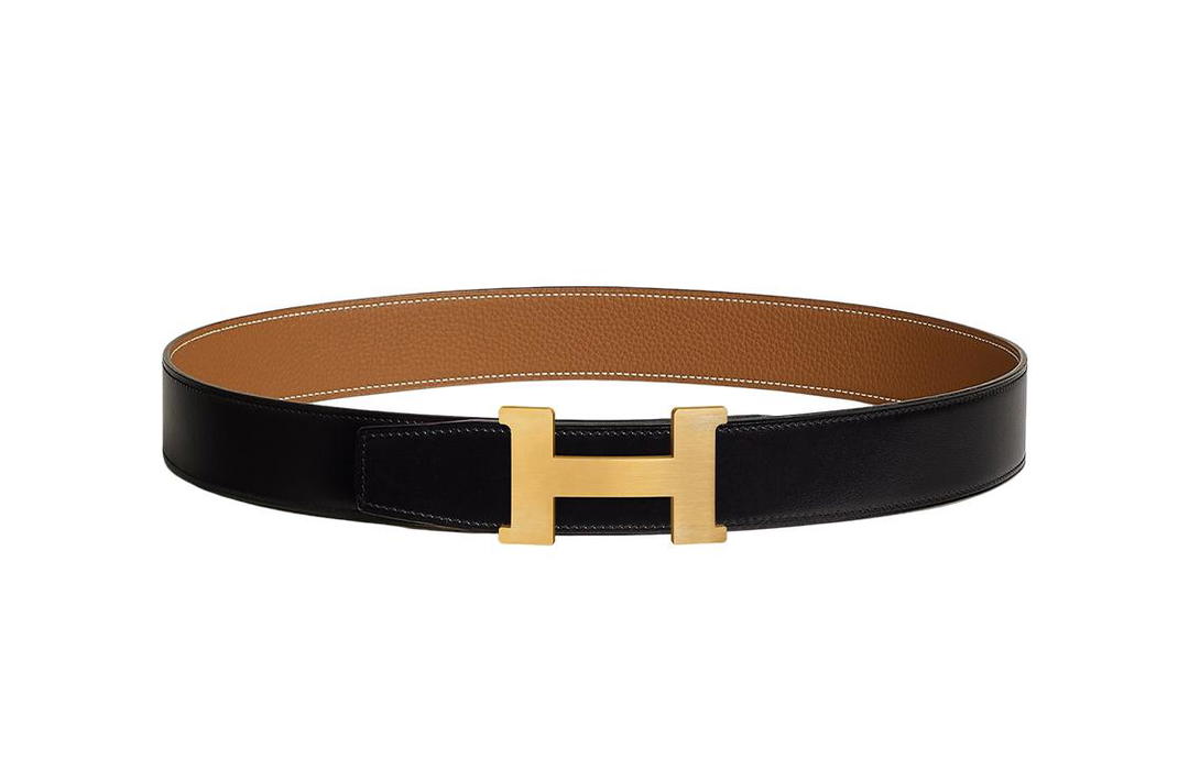 Hermes Hermes Togo Calfskin Double Sided Leather Belts Men's Black/Gold Width 3.8cm