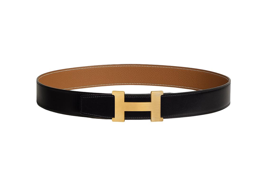 Hermes Hermes Togo Calfskin Double Sided Leather Belts Men's Black/Gold Width 3.8cm