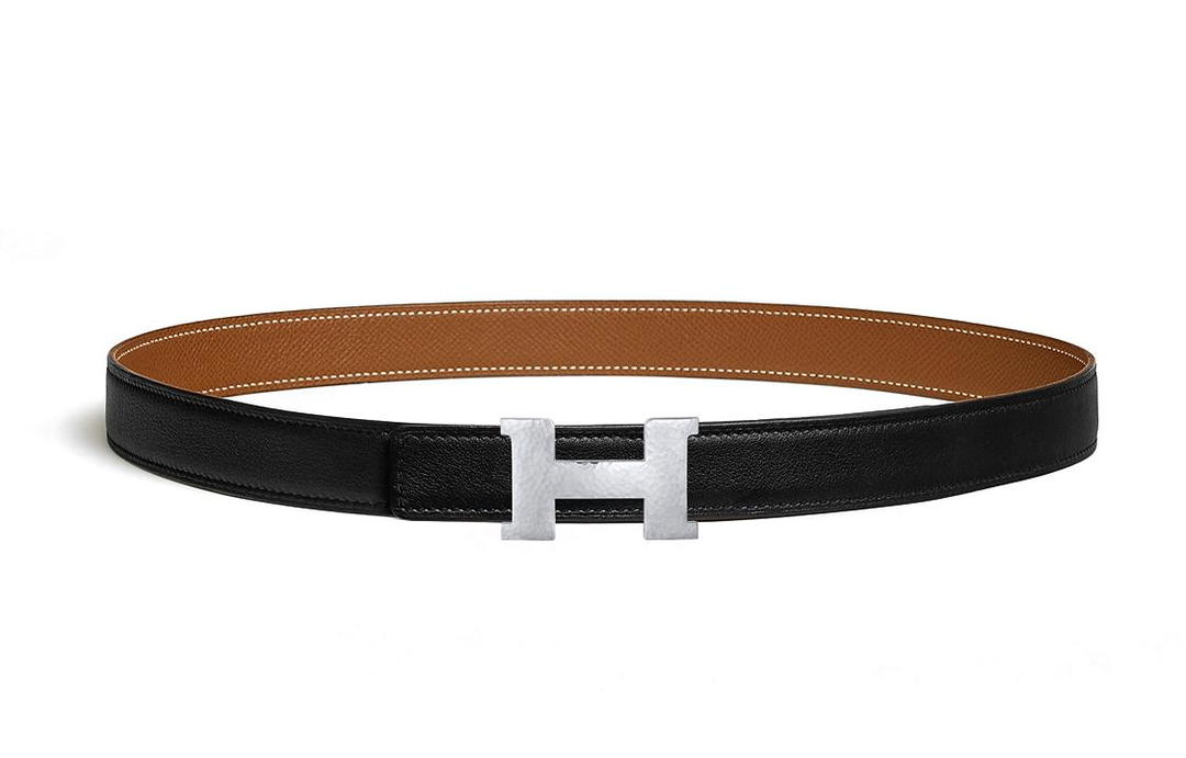 Hermes Hermes Mini Constance Hammer Pattern Smooth Buckle Leather Belts Men's Black Width 2.4CM