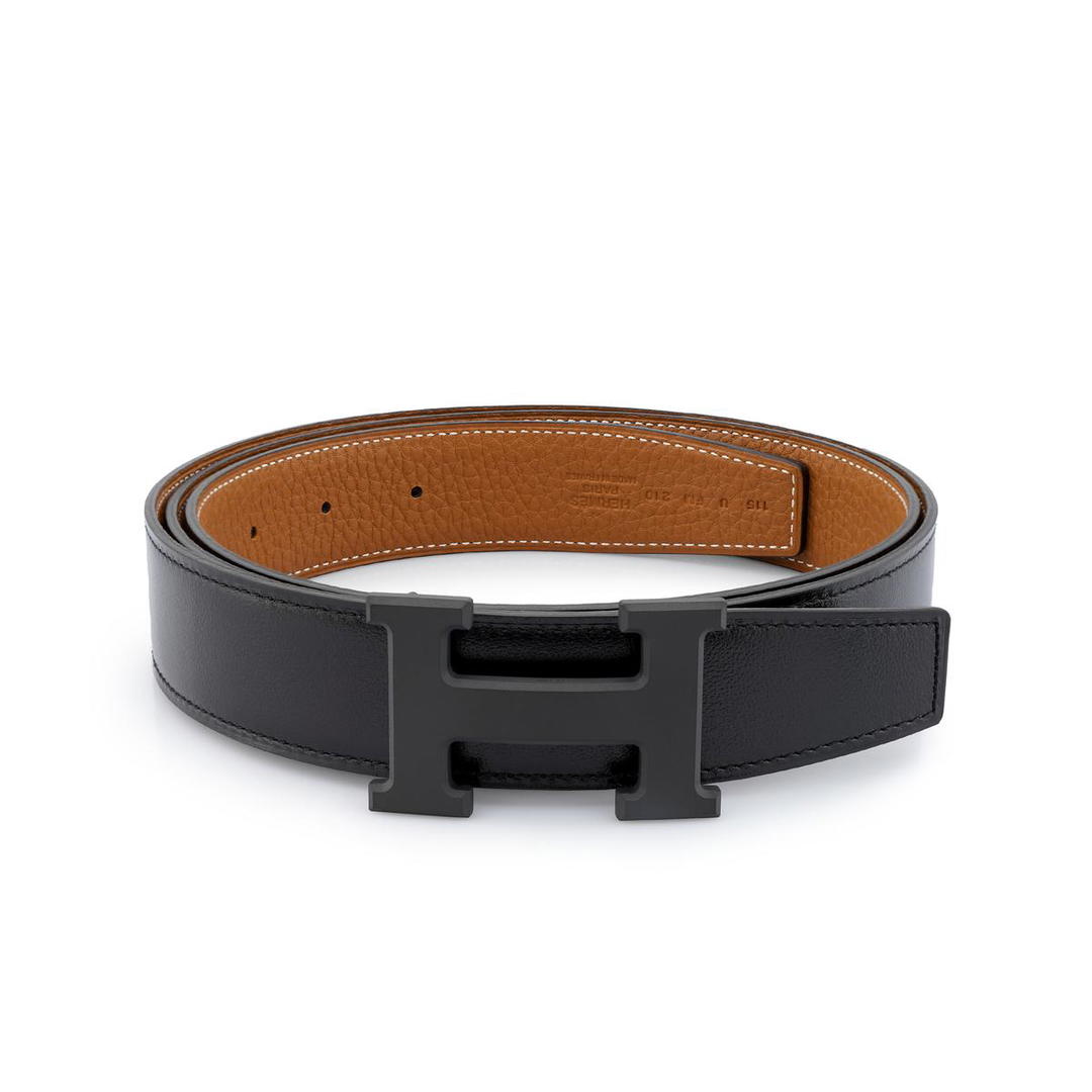 Hermes Hermes Togo Calfskin Double Sided Leather Belt Men's Black/Gold Width 3.2cm