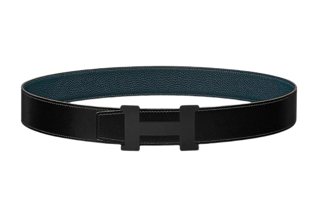 Hermes Hermes Togo Calfskin Double Sided Belt Leather Belts Unisex Black/Blue Width 3.8cm