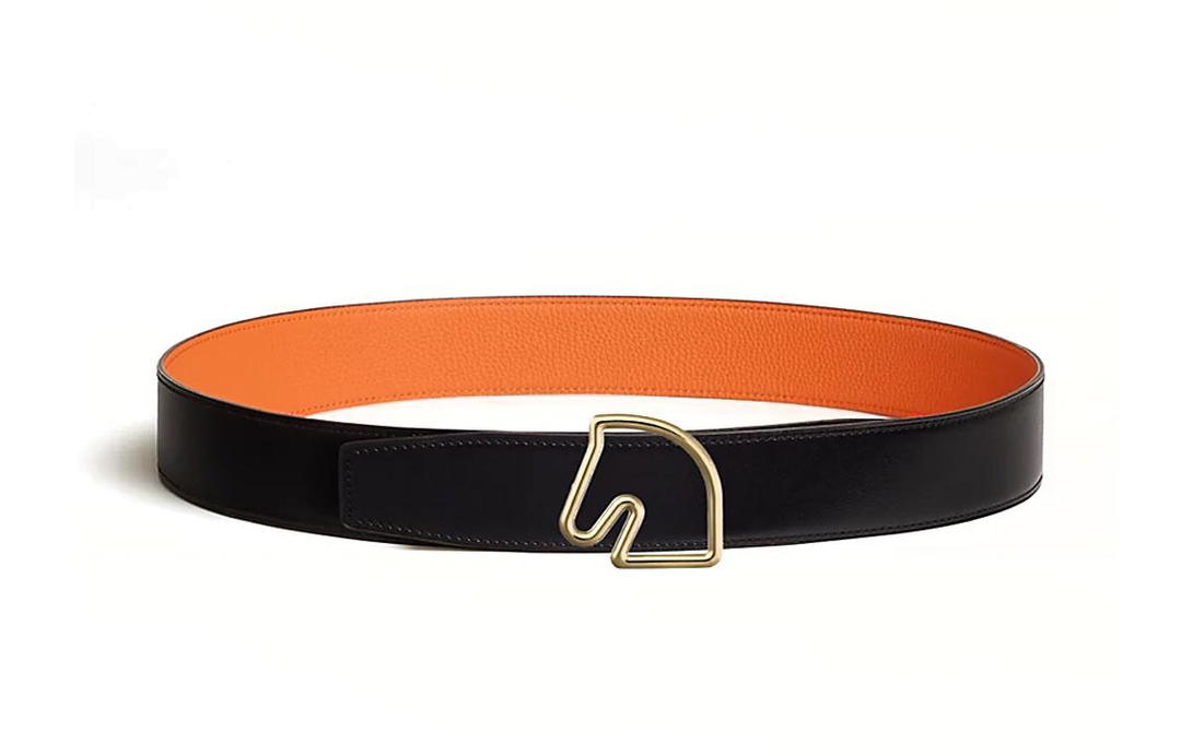 Hermes Hermes Gold Horse Head Buckle Double Sided Leather Belts Men's Black/Orange Width 3.8CM