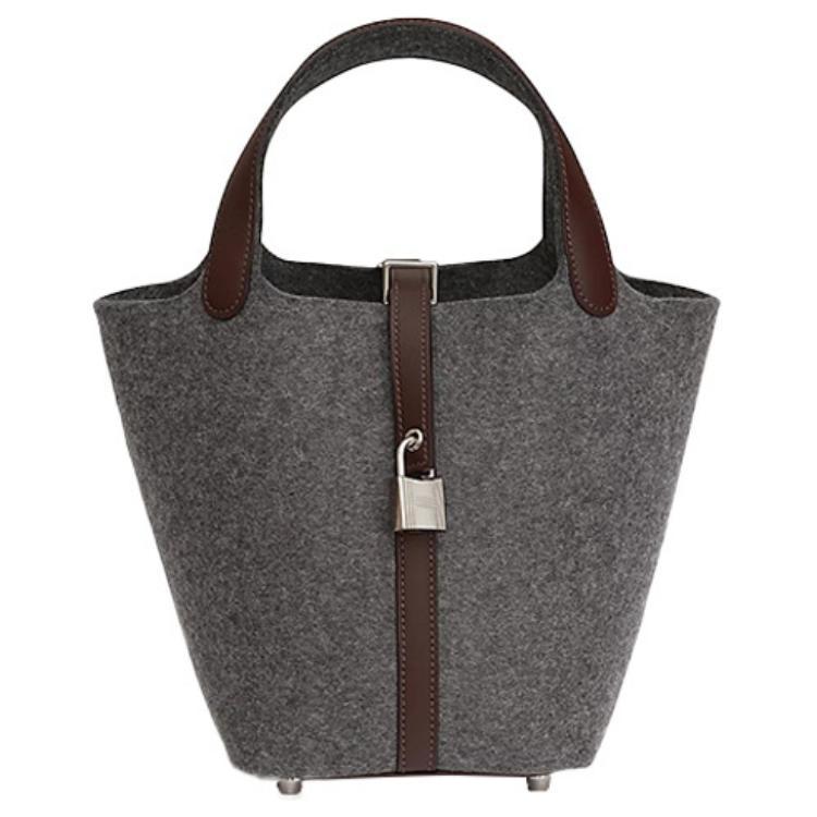 Hermes Hermes Picotin Lock Wool Felt With Swift Calfskin Basket Bag Handbag Bucket Bag 18 Women's Gray/Brown