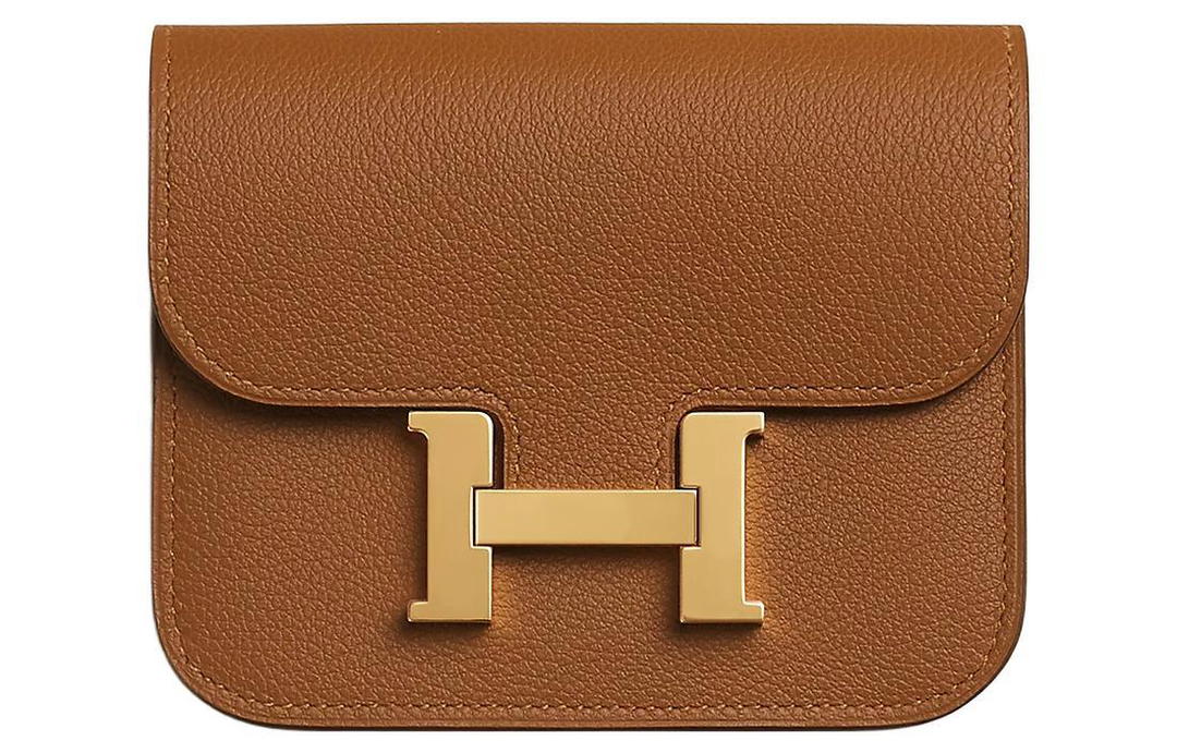 Hermes Hermes Constance Slim Evercolor Calfskin Card Holder Coin Purse Fanny Pack Women's Gold Brown/Bubble Green