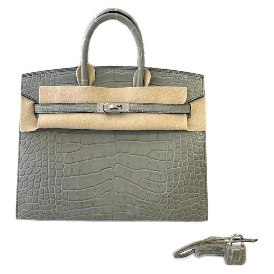 Hermes Hermes Birkin Matte Crocodile Leather Outer Stitching Platinum Handbag Women's 0V Crystal Gray