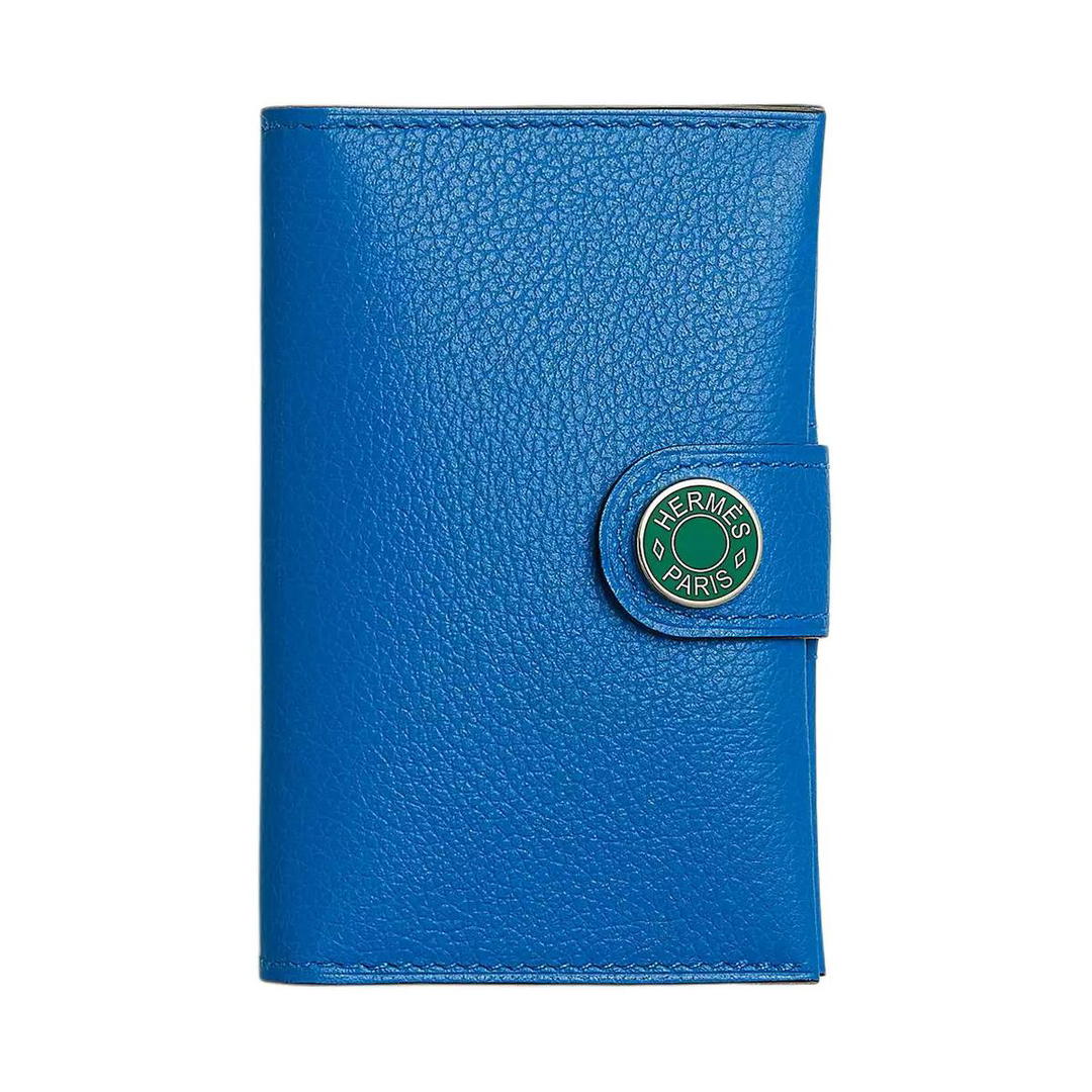 Hermes Hermes Evercolor Calfskin Card Holder Men's Sandalwood Bar Blue With Dazzling Green
