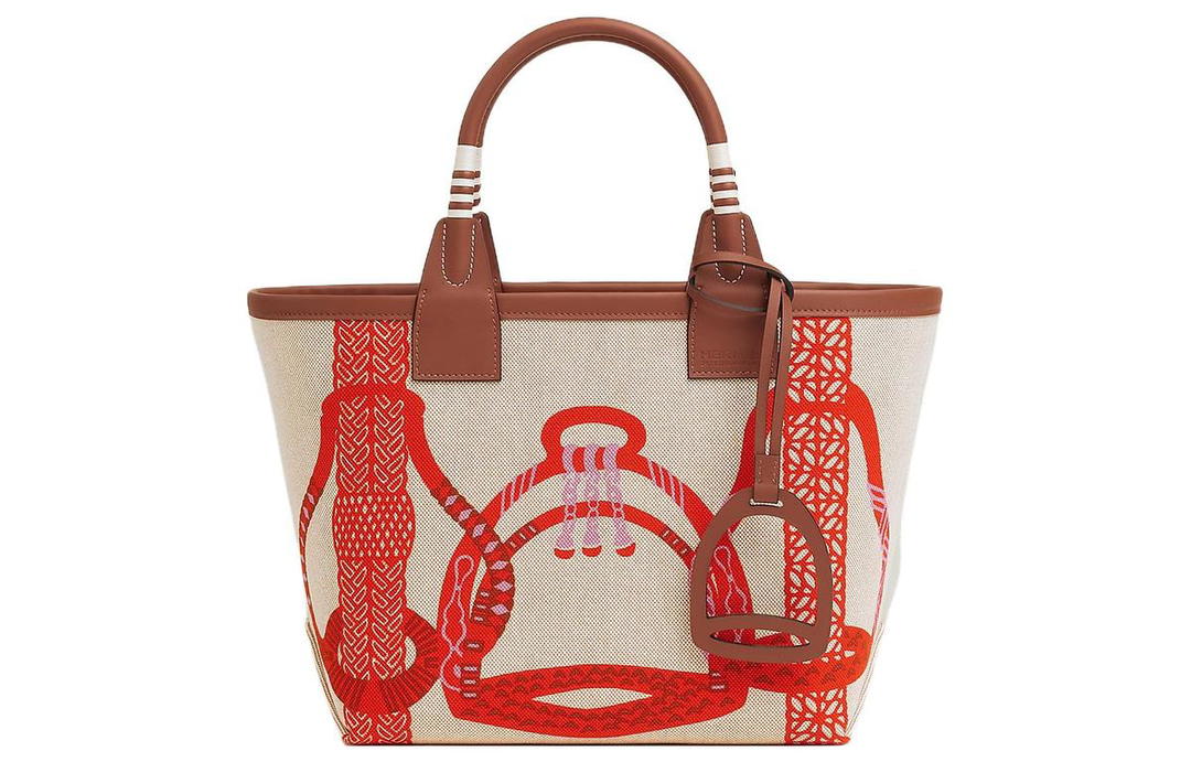 Hermes Hermes H Plume Canvas With Swift Calfskin Tote Bag, Shopping Bag, Handbag Women's Orange Red & Light Beige