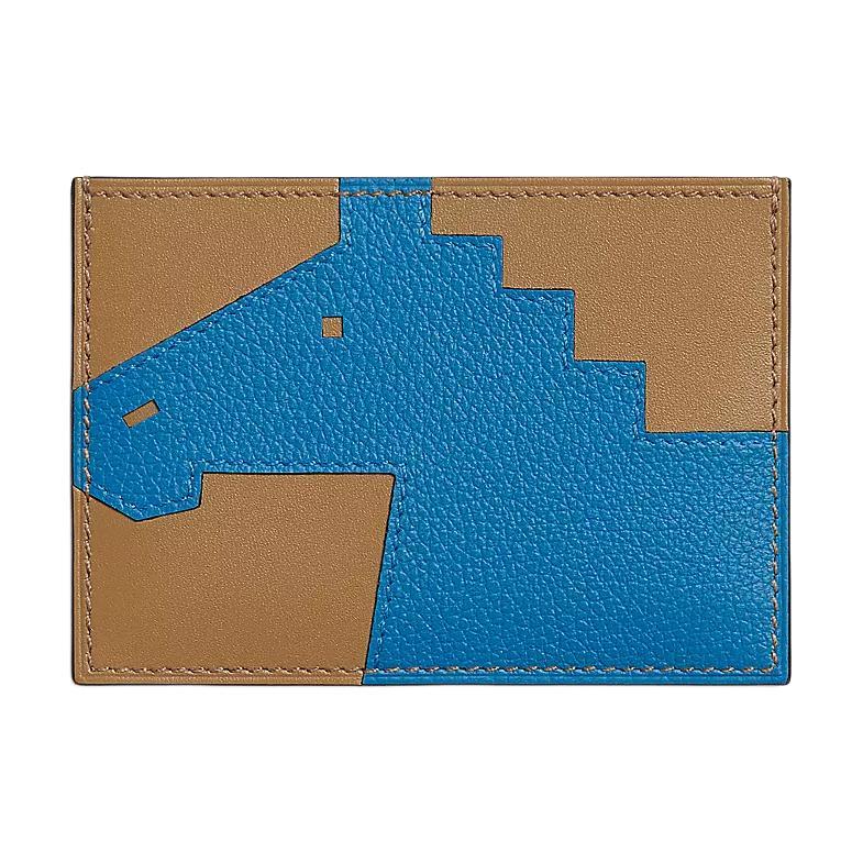 Hermes Hermes Cheval Picto Evercolor Calfskin With Tadelakt Calfskin Card Holder Women's Brown & Zanzibar Blue