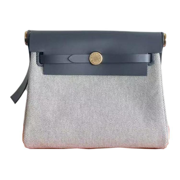 Hermes Hermes Herbag Zip Canvas With Leather Crossbody Bag, Shoulder Bag Mini Women's Light Beige & Slate Gray