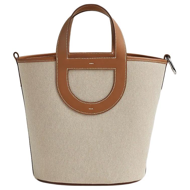 Hermes Hermes Canvas With Swift Calfskin Canvas Bag, Bucket Bag, Handbag Women's Light Beige & Beige & Gold
