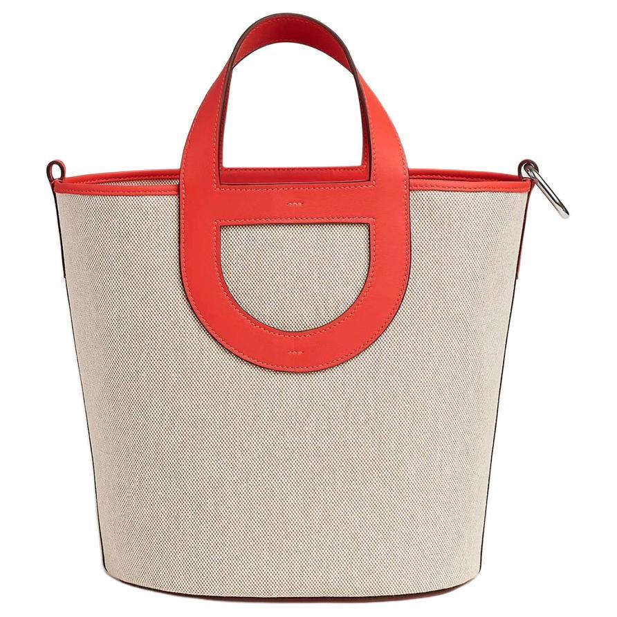 Hermes Hermes Canvas With Swift Calfskin Canvas Bag Bucket Bag Handbag Women's Beige & Orange