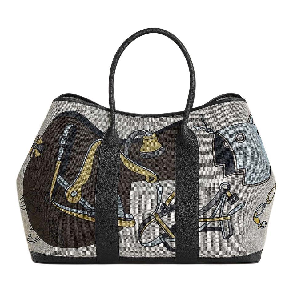Hermes Hermes Garden Party Canvas With Negonda Calfskin Garden Bag, Canvas Bag, Handbag Women's Gray & Black
