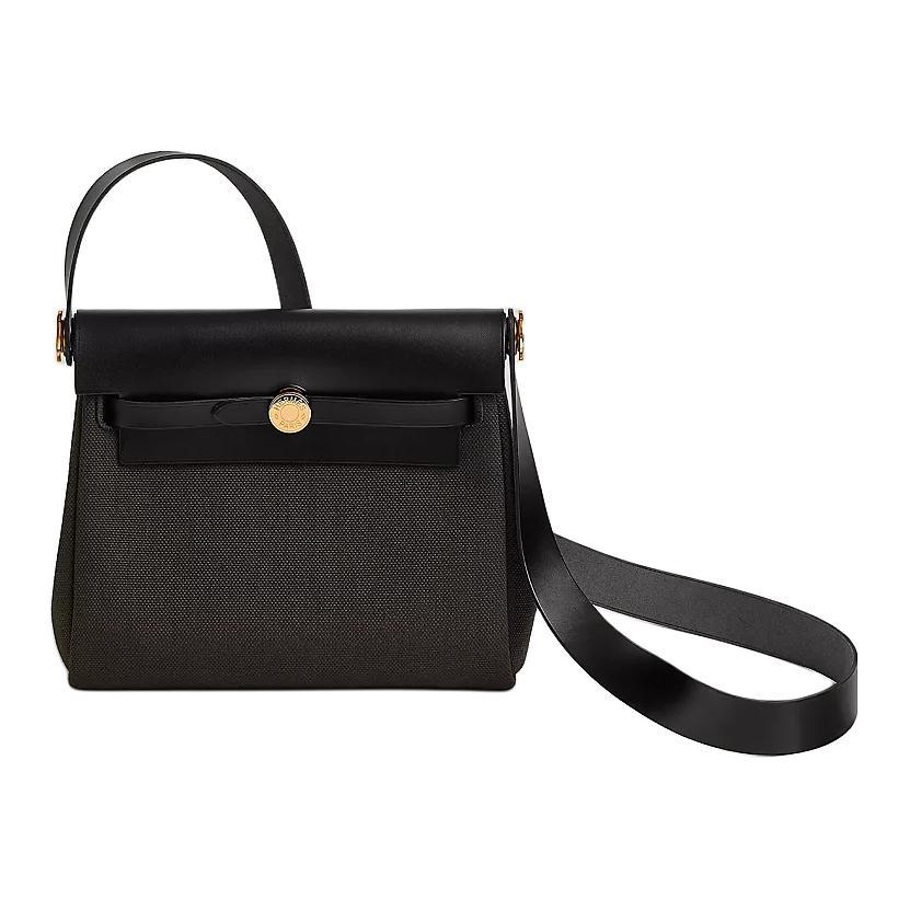 Hermes Hermes Herbag Zip Militaire Canvas With Hunter Cow Leather Shoulder Bag Women's Black