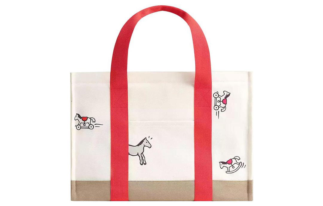 Hermes Hermes Cotton Canvas Canvas Bag Tote Bag Shopping Bag Handbag Women's Apricot Cream With Red And White Accents