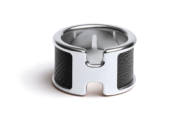 Hermes Hermes Calfskin Metal Palladium-Plated Metal Parts Rings Unisex Black