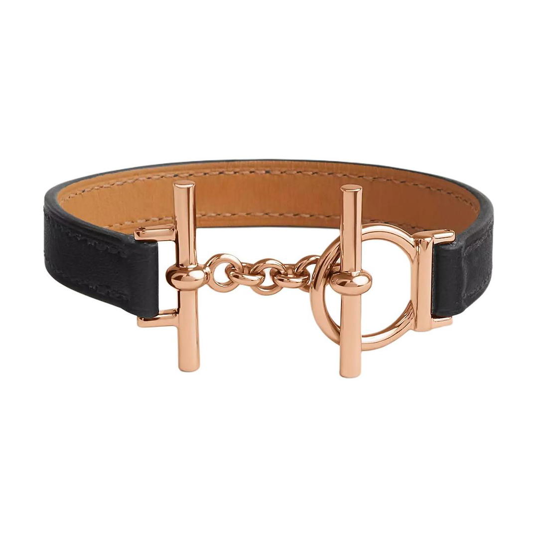 Hermes Hermes Calfskin, Rose Gold Plated Metal Bangles Women's Black