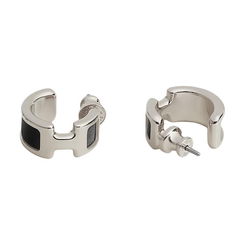 Hermes Hermes Calfskin, Palladium Plated Earrings Women's Black
