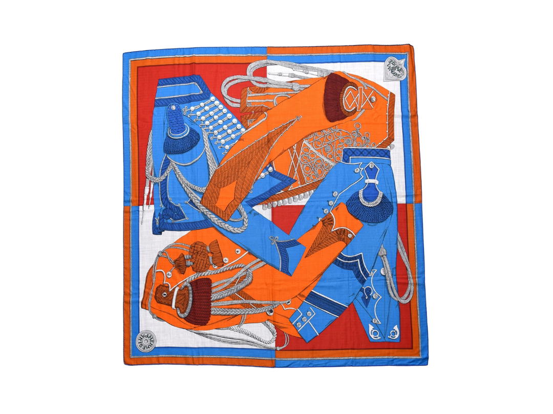 Hermes Hermes Cashmere Silk Zouaves Et Dragons Orange Bleu Gitane And Gris Chine