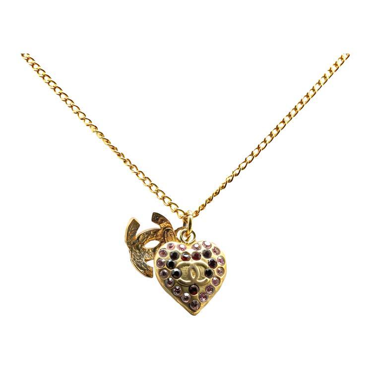 Chanel Chanel 2002 Plated Rhinestone Cc Heart Pendant Costume Necklace