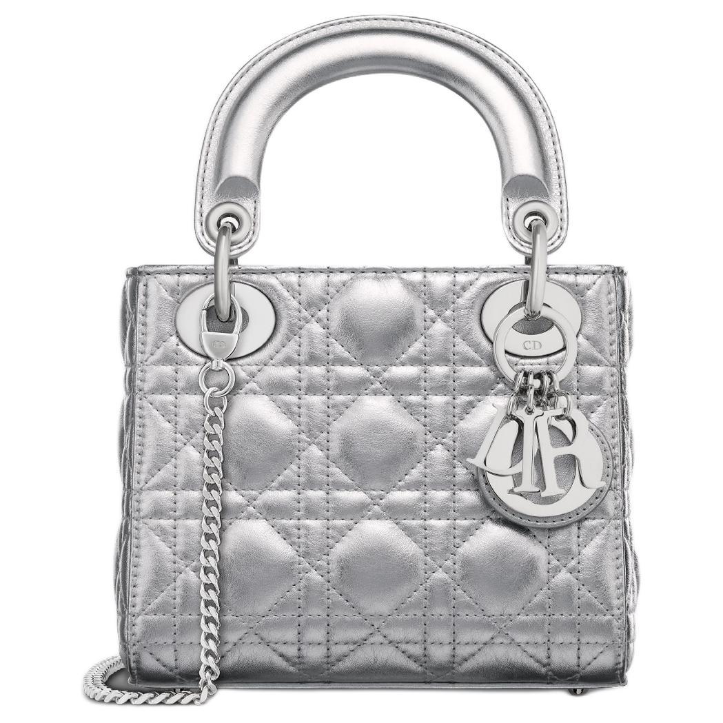 Dior Dior Lady Dior Calfskin One Shoulder Handbags Mini Women's Silver