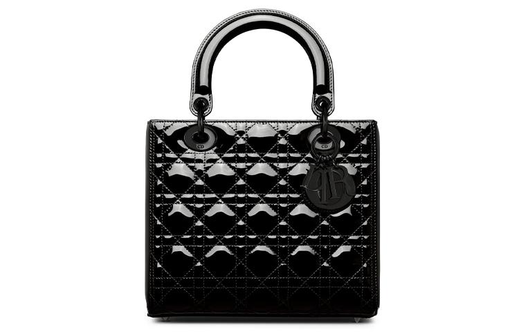 Dior Dior Lady Dior Shiny Patent Leather Cow Leather One Shoulder Handbag Crossbody Bag Medium Size Women's Pure Black