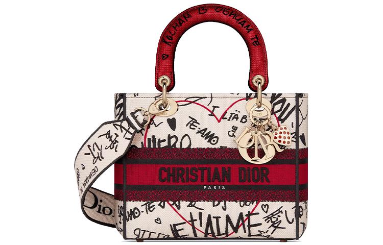 Dior Dior Lady Dior Embroidery Dior Bag Shoulder Bag Crossbody Bag Handbag Medium Size Women's White/Red