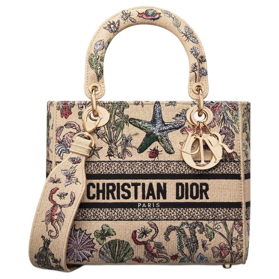 Dior Dior Lady D-Lite Cotton Shoulder Bag Crossbody Bag Handbag Medium Size Women's Beige & Multicolor