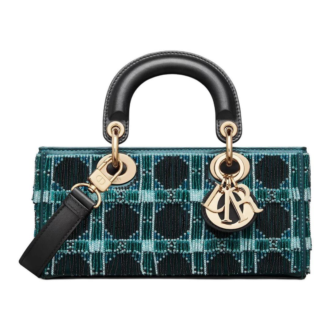Dior Dior Lady D Joy Silk With Calfskin With Glass Shoulder Bag, Crossbody Bag, Handbag Small Size Women's Black & Green