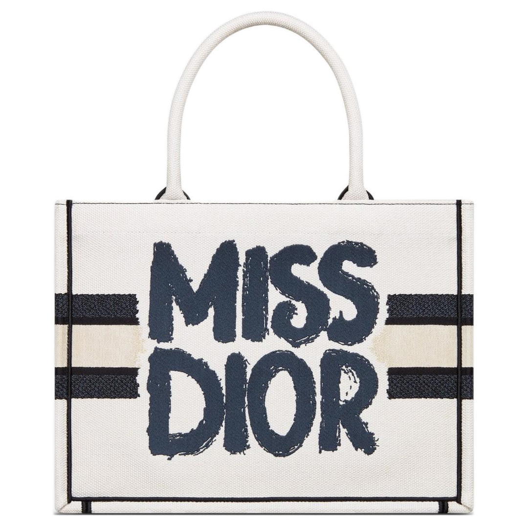 Dior Dior Embroidery Tote Bag Shopping Bag Handbag Medium Size Women's White & Blue
