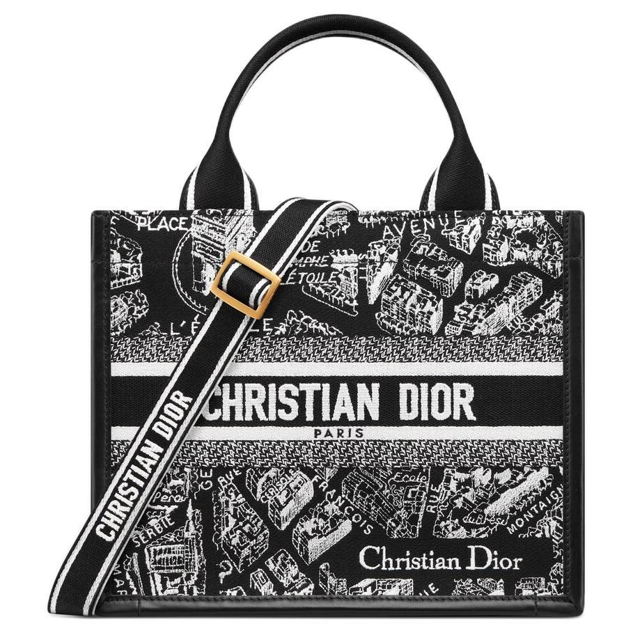 Dior Dior Embroidery Tote Bag Shopping Bag Shoulder Bag Crossbody Bag Handbag Small Size Women's Black & White