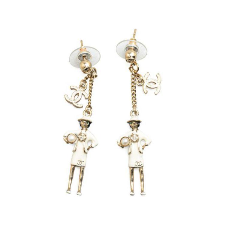 Chanel Chanel 2012 Gold Plated Enamel Cc Faux Pearl Mademoiselle Drop Costume Earrings