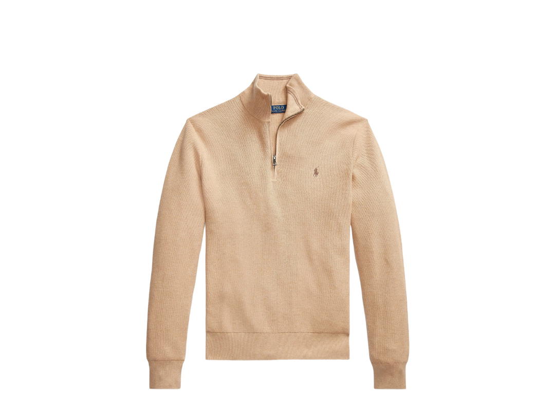 Polo Ralph Lauren Polo Ralph Lauren Icon Logo Half Zip Cotton Knit Sweater In Camel Heather Camel