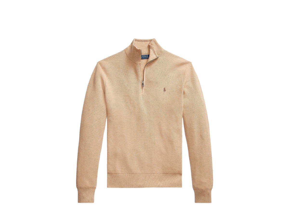 Polo Ralph Lauren Polo Ralph Lauren Icon Logo Half Zip Cotton Knit Sweater In Camel Heather Camel
