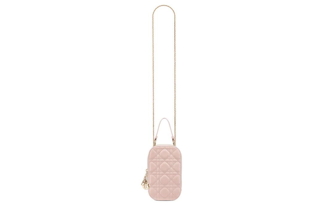 Dior Dior Lady Dior Lambskin Portable One Shoulder Crossbody Cell Phone Pouch Women's Light Pink