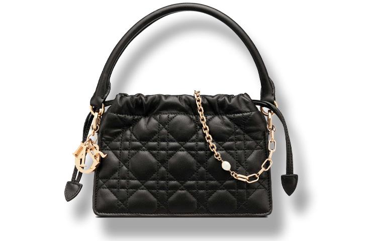 Dior Dior Lady Dior Wicker Pattern Sheepskin Drawstring Bag Shoulder Bag Crossbody Bag Handbag Mini Women's Black