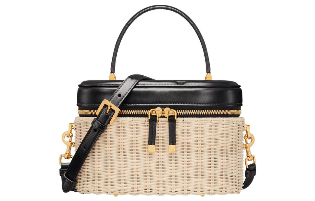 Dior Dior Wicker With Calfskin Shoulder Bag Crossbody Bag Handbag Makeup Bag Medium Size Women's Natural Color/Black
