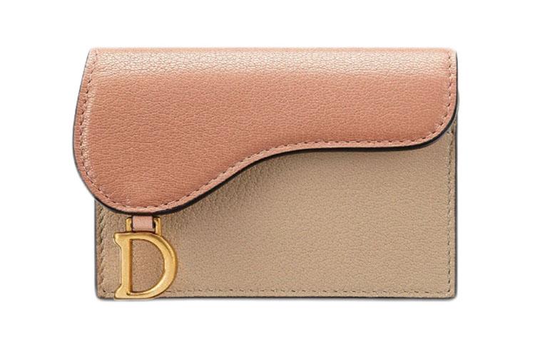 Dior Dior Saddle Sheepskin Saddle Card Holder Coin Purse Women's Beige With Rose Pink Accents