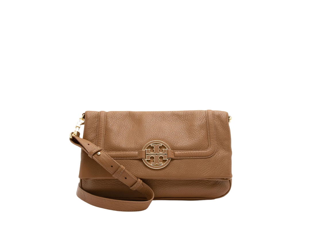 Tory Burch Tory Burch Leather Fold Over Amanda Crossbody In Brown Leather With Gold-Tone Hardware Brown