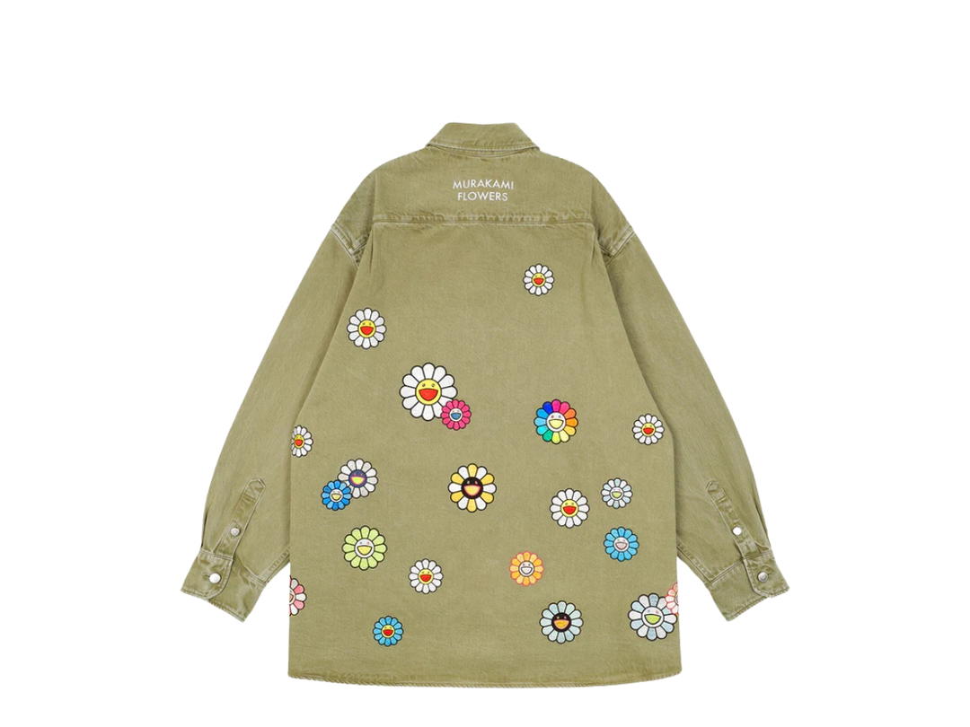 Takashi Murakami Takashi Murakami Flowers Embroidery Patch Cotton Shirts Khaki